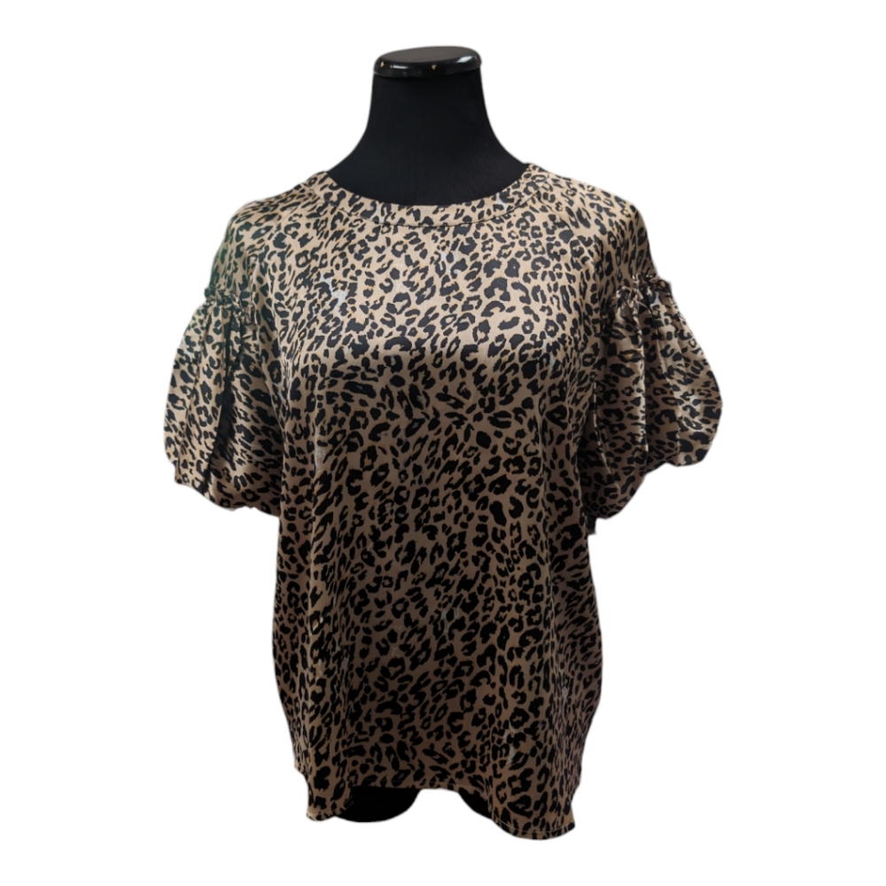 French Connection Cheetah Leopard Print Puffed Sleeve Blouse Size L